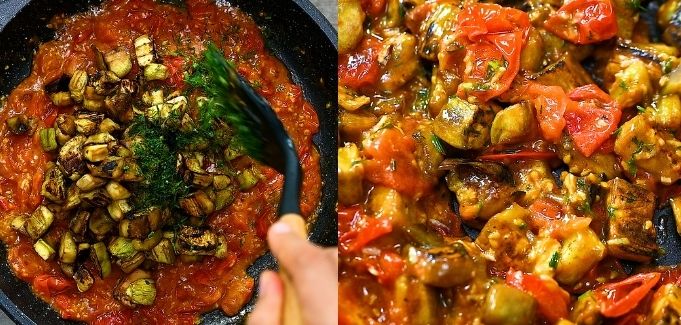 adding eggplant to the tomatoes