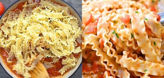adding pasta to the tomato sauce