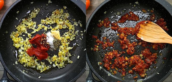 Adding tomato paste to the onions