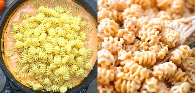 adding Radiatore Pasta to the sauce