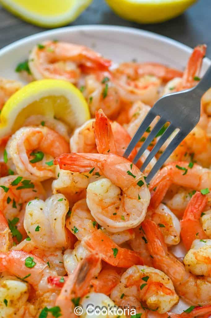 Old Bay Steamed Shrimp on a fork