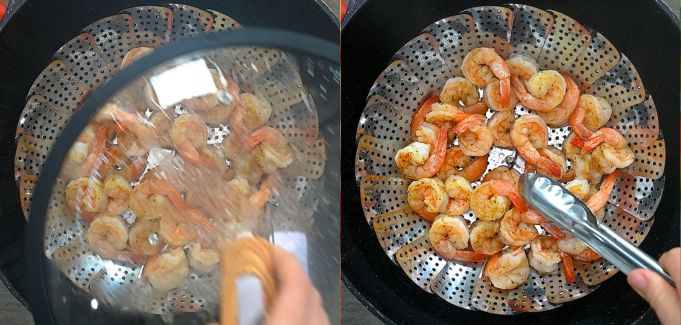 finishing the steaming and removing the shrimp