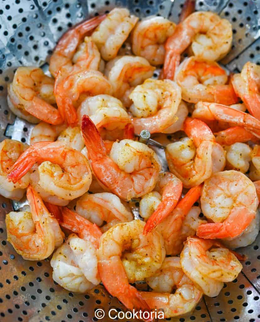 Old Bay Steamed Shrimp in a steaming basket