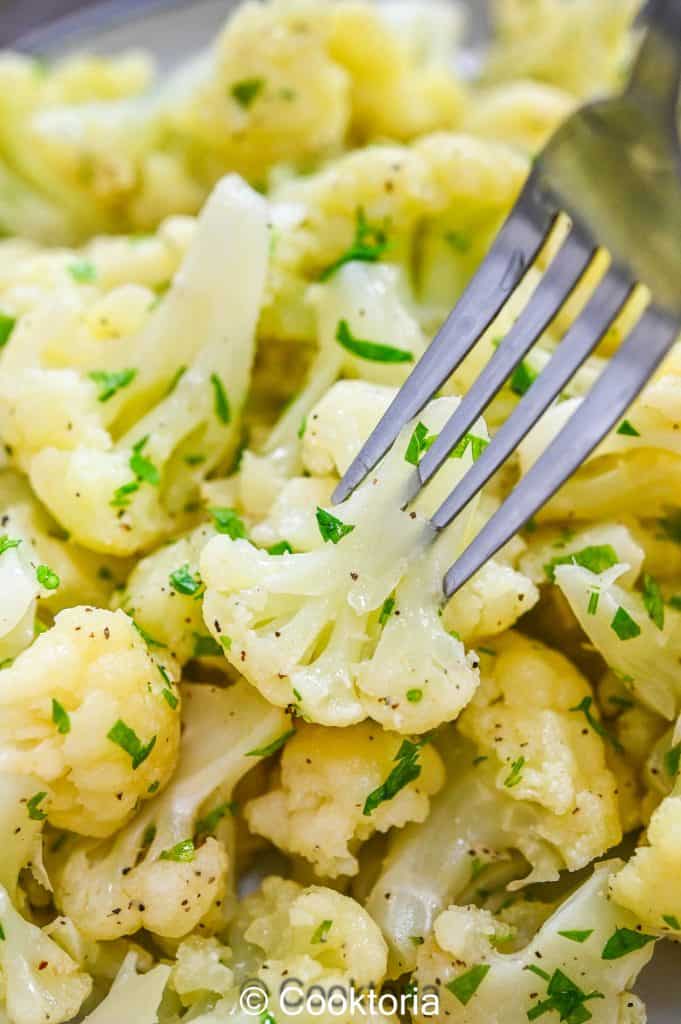 Steamed Cauliflower on a fork