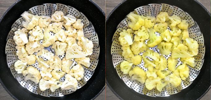 adding steamer basket and cauliflower