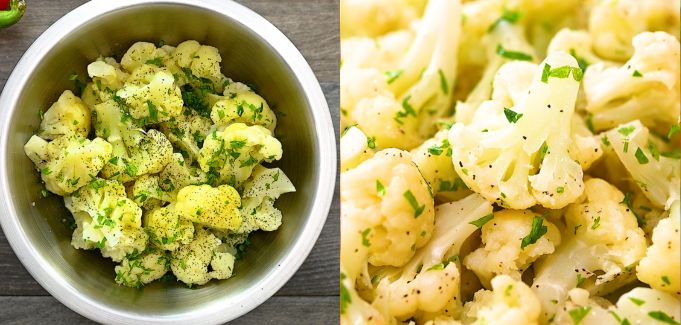 mixing cauliflower with the butter and seasonings